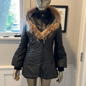 MACKAGE BLACK WINTER PUFFER JACKET WITH LEATHER TRIM  W FOX FUR HOODED SZ SMALL